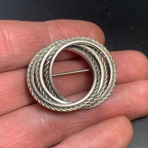 Vintage JewelArt Sterling Silver 925 Triple Circle Brooch Rope Design 1.5"